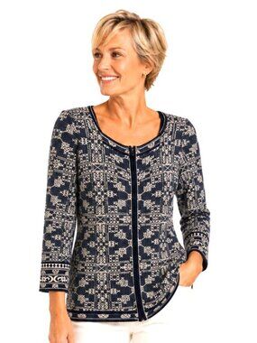 Peruvian Connection Black Tan Pima Cotton Zip Cardigan